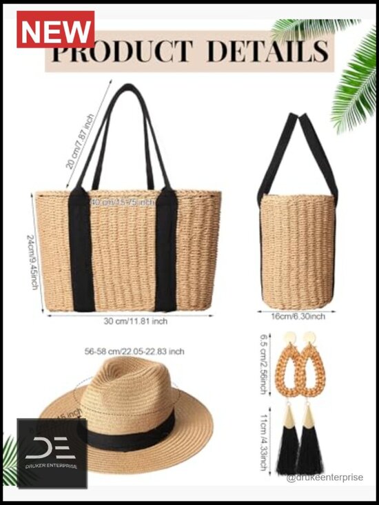 Straw Bag with Rattan Wicker Hat and Tassel Earrings Set Boho Summer Accessories main image 6